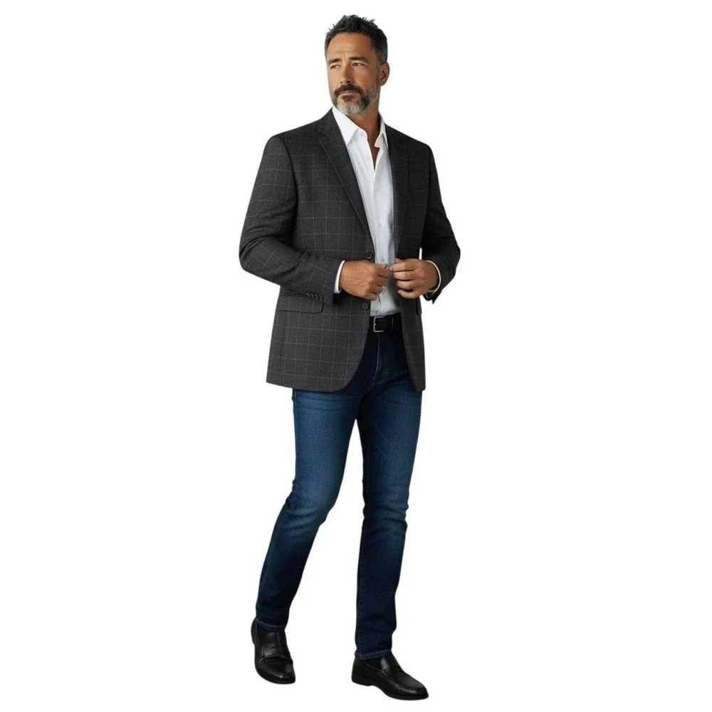 Pronto Uomo Platinum Grey Men 56L 2-Button‎ Windowpane 100% Wool Suit Jacket